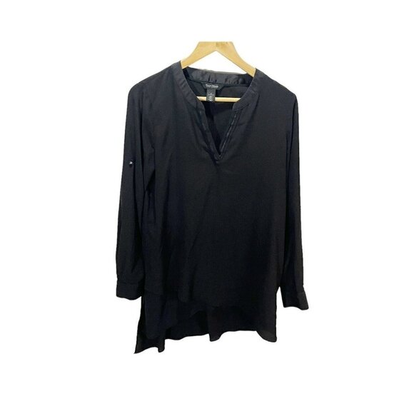 WHITE HOUSE BLACK MARKET Black High-Low Tunic Asymmetrical Hem Roll Tab Sleeve 8 - Picture 1 of 6